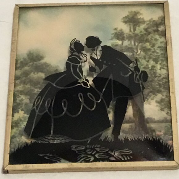 Set of vintage Convex Glass Reverse painted Silhouette Pictures Victorian scenes - Picture 5 of 16